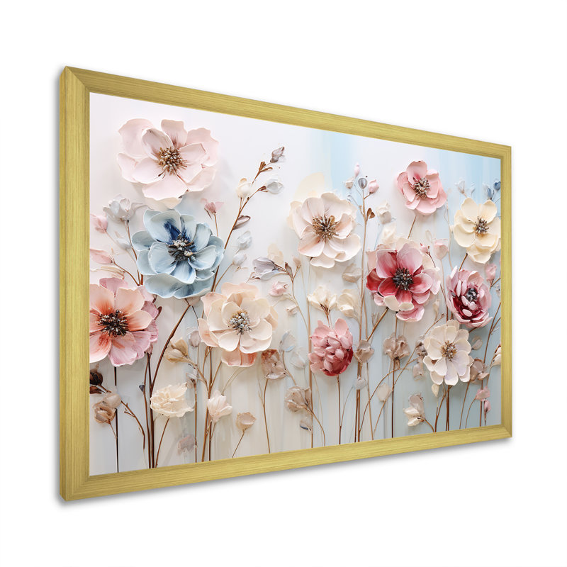 Art floral mural blanc et rose pour salon, Cadre doré à coins fermés, H 24 po x l 32 po x P 1 po