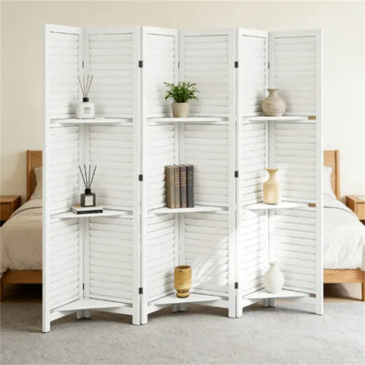 Paravent à 6 panneaux, blanc, avec 3 étagères, en bois de paulownia, pliable et autoportant, 240 cm (L) × 170 cm (H)