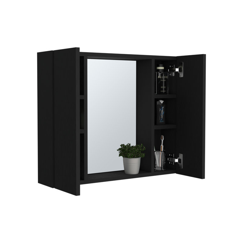 Armoire à pharmacie Rushford, double porte, miroir, une tablette extérieure, Noir, noir, noir, noir