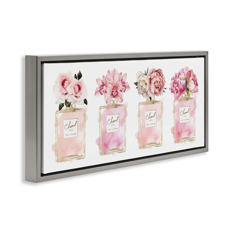 Art floral sur toile, "Bouquets de fleurs" Glam Fashion Jars Floater, Cadre flottant gris lustré, H 14 po x l 31 po