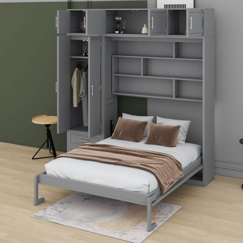 Grand lit escamotable mural avec armoire supérieure, tablettes et garde-robe, gris