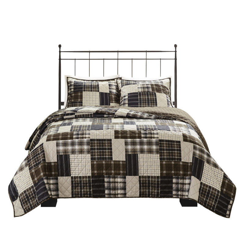 Courtepointe très grand / très grand, réversible noir / brun, avec bordure découpée et motif imprimé noir / brun pour très grand lit, taies décoratives en microfibre avec fermeture à glissière