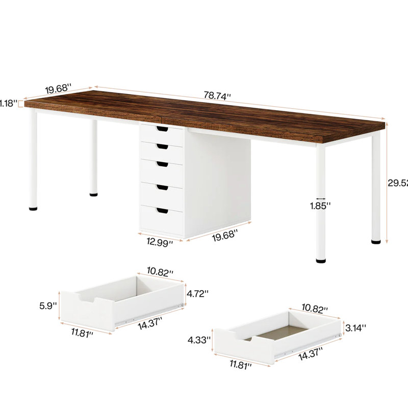 Bureau d'ordinateur, poste de travail pour deux personnes, finition de bureau en bois rétro, poignées rainurées sans effort, pieds de table épais, patins de pieds réglables, bois brun et blanc rustique, bureau de 78,7 pouces