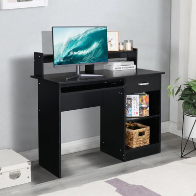 FCH Black 43.31in Particle Board with Embossed Melamine, One Drawer and Two Shelves, with Keyboard Tray, Computer Desk 