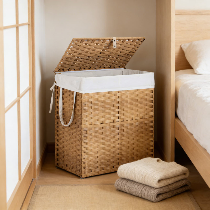Panier à linge pliable avec couvercle et doublure amovible, panier à linge en rotin respirant, grande capacité de rangement pour la salle de bain de la chambre à coucher