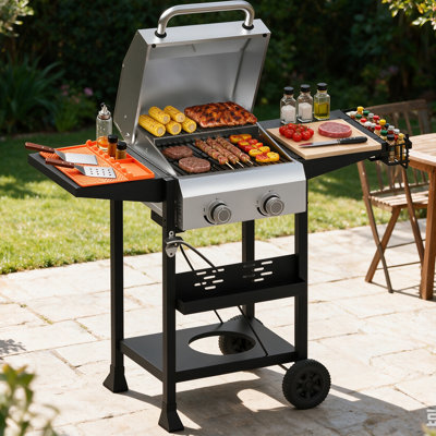 Barbecue au propane avec couvercle, roues et tables d'appoint pliables