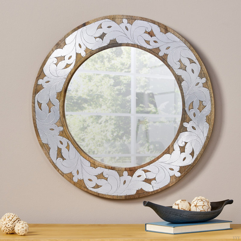 Bois de manguier / miroir rond ajusté