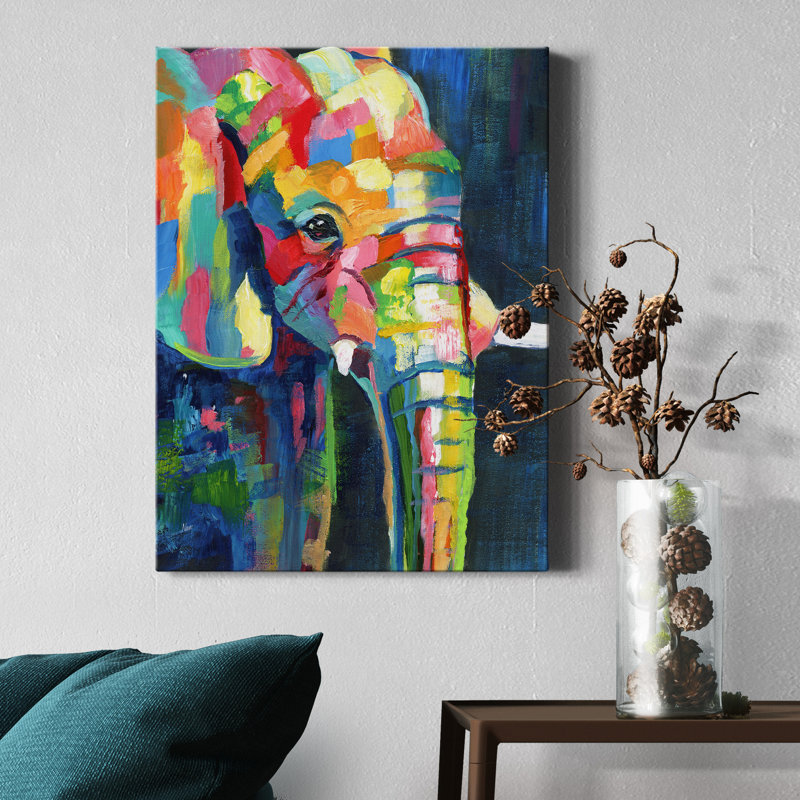 Vibrant Elephant - Reproduction d'art sur toile tendue, H 36 po x l 24 po x P 1 po