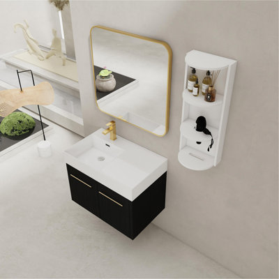 Meuble-lavabo mural de 30 po avec lavabo et support de rangement, lavabo gauche en résine à bords épais, ensemble KD