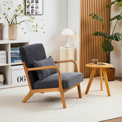 Chaise d'appoint de style moderne Mid-Century, fauteuil avec chaises, coussin de lecture, structure en bois massif et balcon de chambre à coucher (gris foncé antique)
