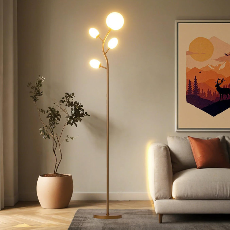 Lampe sur pied arbre avec 4 sphères givrées et ampoules à DEL, lampe sur pied rétro, Doré