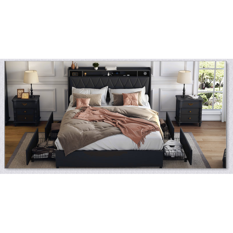 Base de lit, tête de lit ergonomique, plateforme, prises, chargeur, tablette de rangement