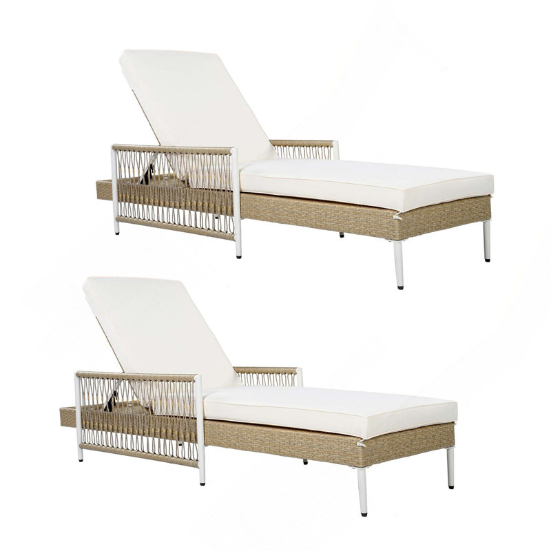 Ensemble de 2 chaises longues d'extérieur en rotin PE toutes saisons avec inclinable réglable à 6 vitesses, accoudoirs et coussin