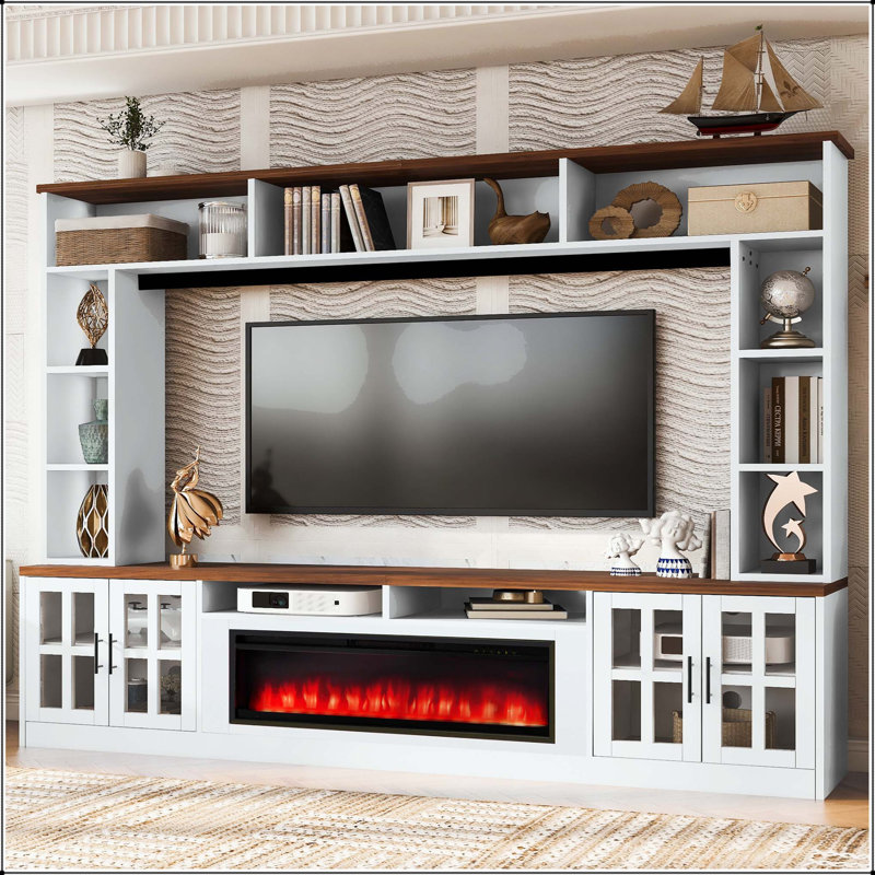 Meuble audio-vidéo mural avec foyer électrique pour téléviseur de 80 po ou moins, White+Walnut
