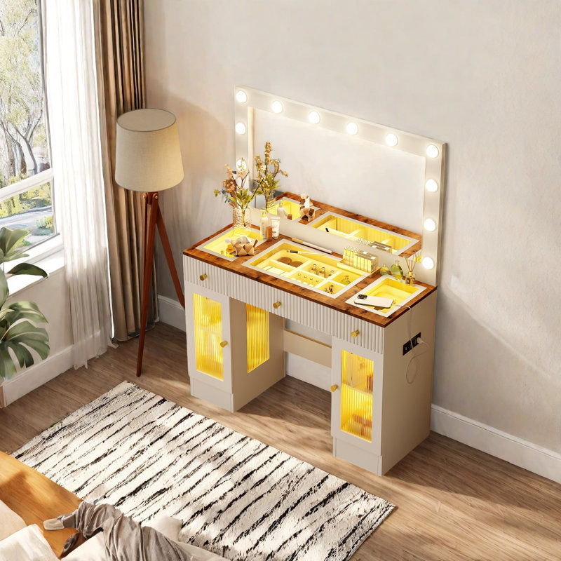 Table de coiffeuse avec miroir et lumières, bureau de maquillage rétro et moderne avec plateau en verre, armoires d'éclairage ambiant RVB, station de charge, 3 modes de couleur et luminosité réglable