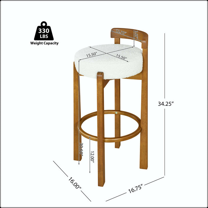 Tabouret de bar en bois à dossier bas avec finition noyer et revêtement ivoire, Blanc