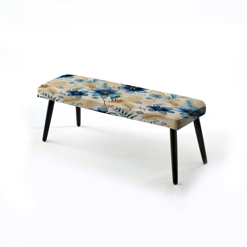 Hibiscus Boho blanc bleu I - banc floral rembourré noir