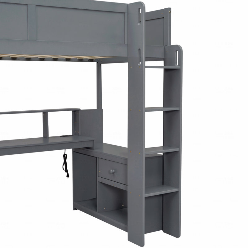 Lit mezzanine en bois pour lit simple avec bureau, tablettes multiples, DEL et station de charge, Lit simple