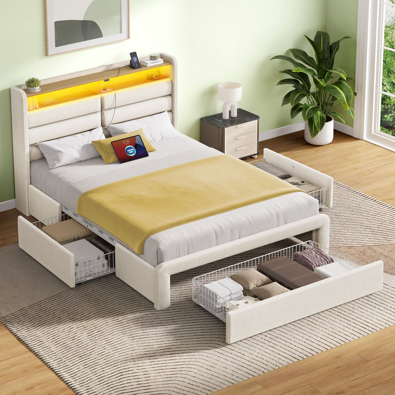 Bed Frame with 4 Storage Drawers and LED Lights, Upholstered Bed with Headboard and Charging Station, Twin/Single, White