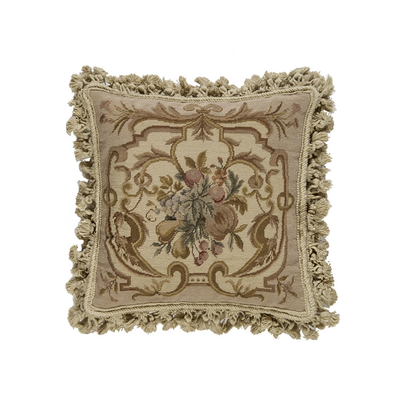 Needlepoint Fringed Reversible Throw Pillow, Brown Floral 18, Square 16"
