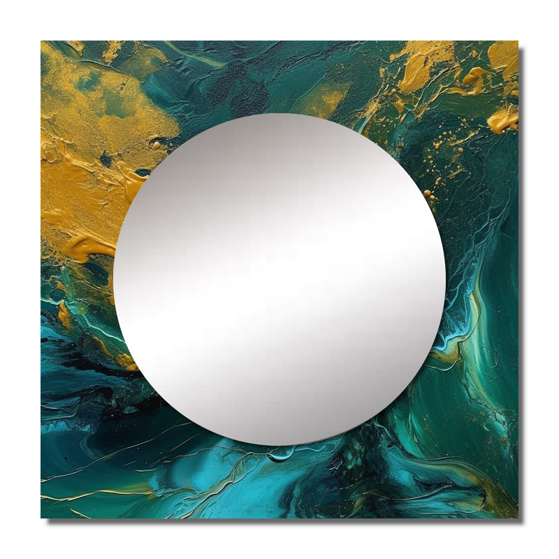 Coucher de soleil doré sur fond bleu sarcelle abstrait peinture IV - grand miroir carré abstrait pour décoration murale
