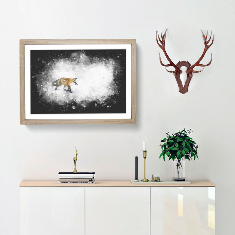 A Red Fox Alone in the Winter - Picture Frame Graphic Art Print, 45cm H x 63cm W x 2cm D, Oak Framed