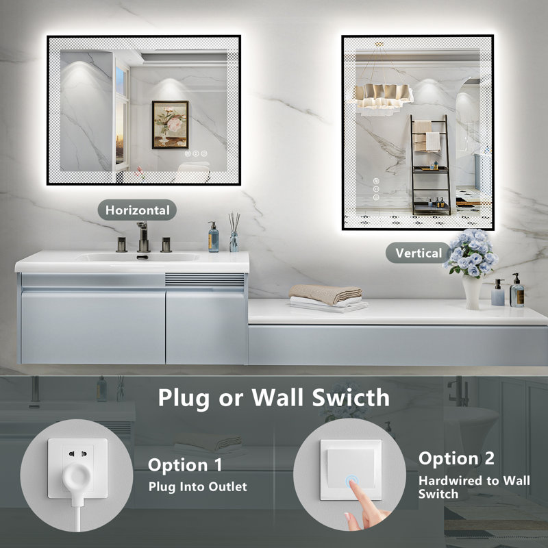 Black Framed LED Bathroom Mirror with Frontlit and Backlit, Lighted Vanity Mirror for Wall, Double Lighting 3 Colors Dimmable, Anti-Fog, Tempered Glass Shatter-Proof (Horizontal/Vertical)