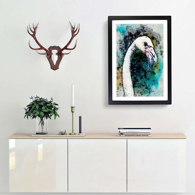 A Pink Flamingo Bird in Abstract - Picture Frame Painting Print, 65cm H x 48cm W x 2cm D, Black Framed