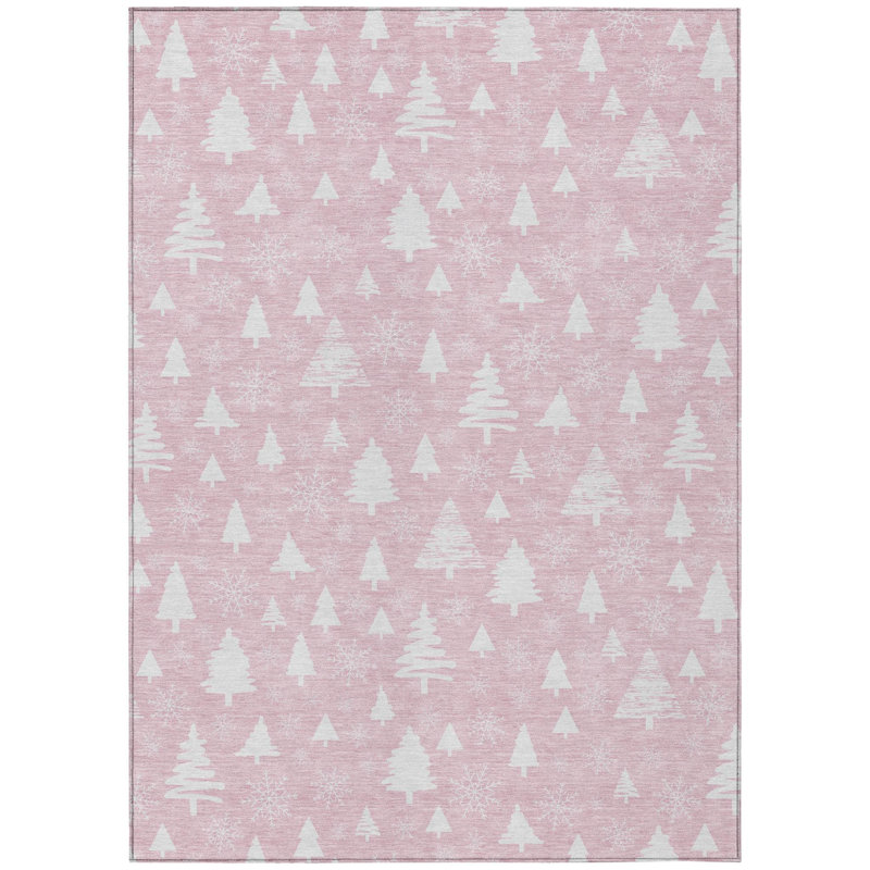 Tapis intérieur/extérieur lavable rose et ivoire à motif flocons de neige, 90 x 150 cm
