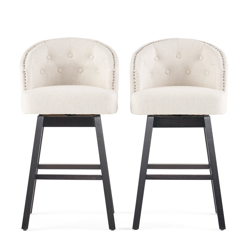 Tabourets de bar pivotants beiges à 360 degrés avec garniture cloutée, point gaufré et siège à boutons pour tabouret à la maison de 2 places, structure en bois d'hévéa