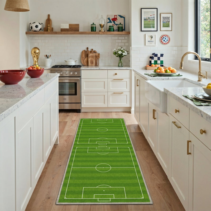 Geometric Soccer Field Emerald Green Indoor Area Rug With Non-Slip Backing, Runner 2'3" x 6'