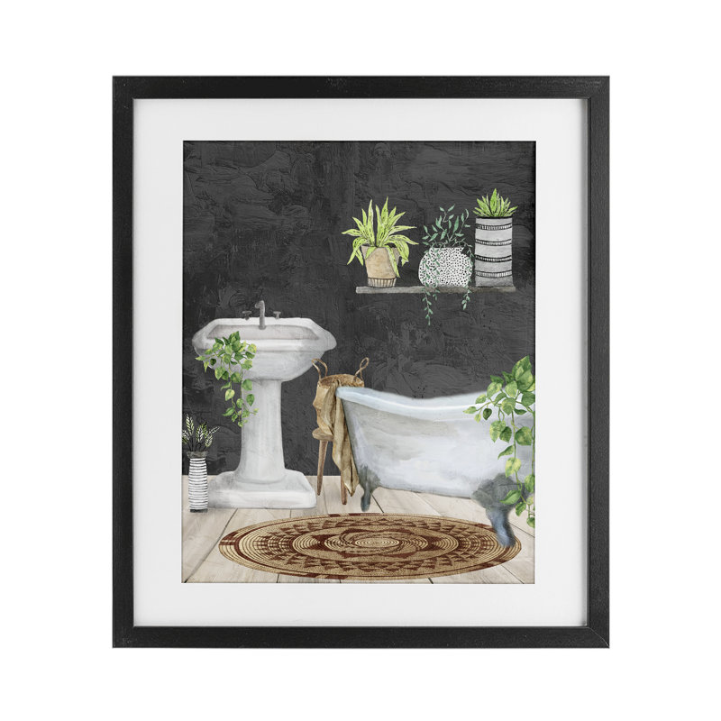 «Relaxed Greens Bath Scene», reproduction d'art sous verre, conception de Kim Allen, Cadre noir minuit, H 21 po x l 17 po