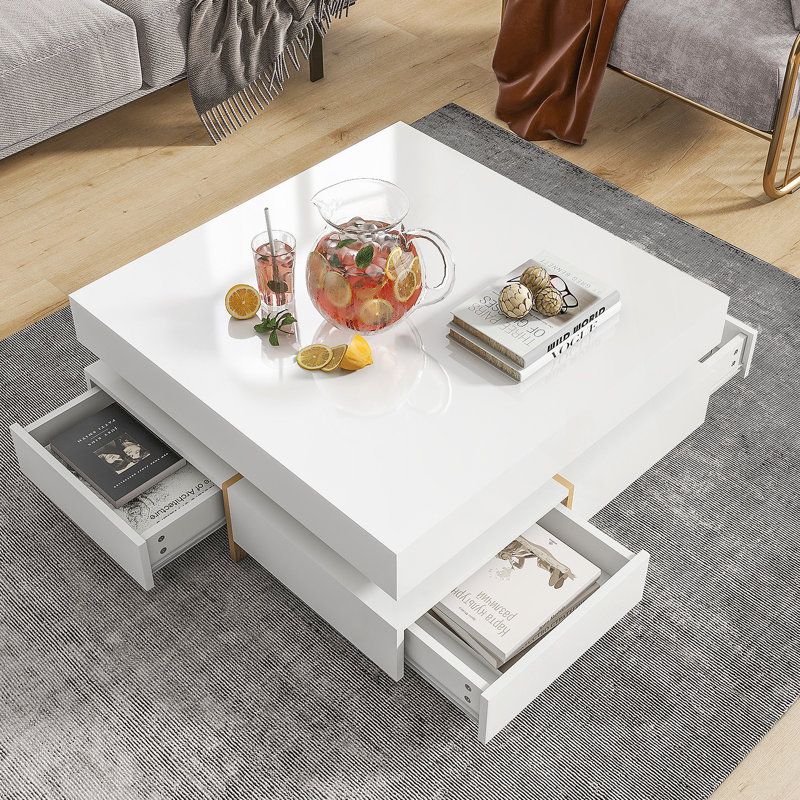 Table basse moderne ultra brillante avec 4 tiroirs, table basse carrée
