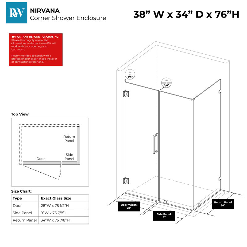 Cabine de douche de coin sans cadre de l 38 po x P 34 po x H 76 po avec verre transparent de 3/8 po facile à nettoyer