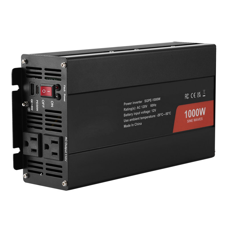 Onduleur à onde sinusoïdale 1000W pure - Convertisseur DC 12V à AC 120V avec port USB-C PD, télécommande et protection de sécurité pour la maison, les véhicules récréatifs et les systèmes solaires hors réseau