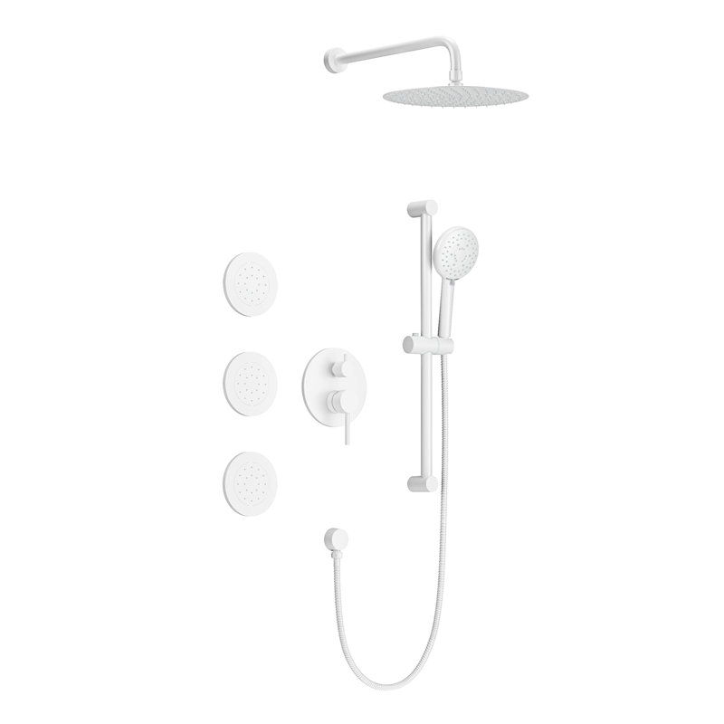 Douche de salle de bain en blanc: tête, douche à main, barre coulissante, jets de corps, bras, tuyau, garniture de valve, poignées à levier élégantes avec jets de corps - blanc, laiton