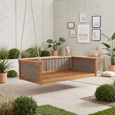 Twin Outdoor Swing Bed with Handwoven Rattan and Long Hanging Ropes for Porch, Backyard and Garden Lounging