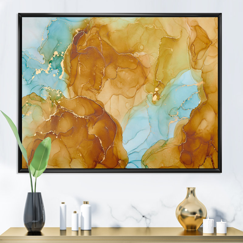 «Brown Luxury Abstract Fluid», peinture sur toile, H 34 po x l 44 po x P 1,5 po, Cadre flottant noir