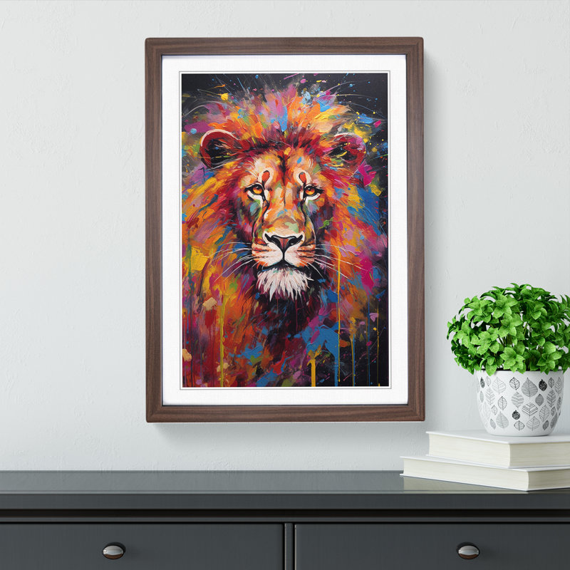 Lion Expressionism Art - Framed Print, 64cm H x 46cm W x 2cm D, Walnut Framed