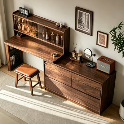90.55"Simple solid wood brown chest of drawers and dressing table in one piece