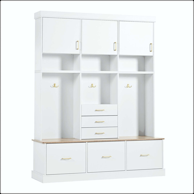 75" Hall Tree with Bench, 6 Drawers, 3 Cabinets & 3-Tier Top Storage, White