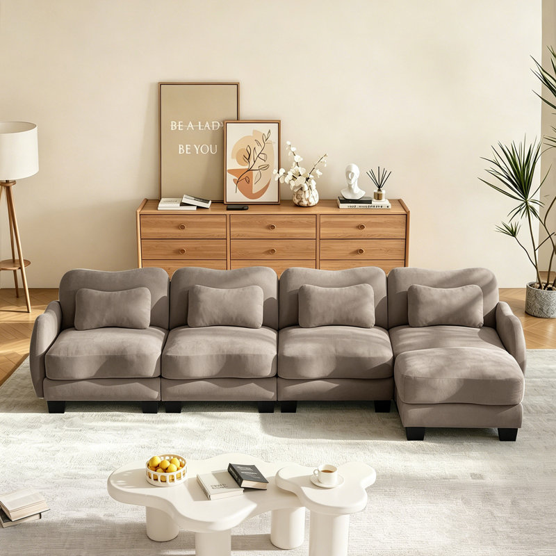 Canapé modulaire en L de 131,5 po à 4 places modulaire avec coussin et repose-pieds mobile Chenille, Coffee Chenille