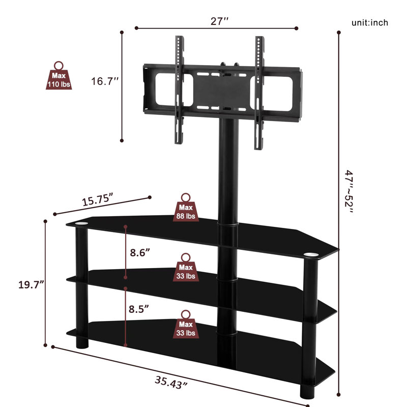 Meuble télé noir avec 3 tablettes, réglable en hauteur et pivotant, pouvant accueillir des téléviseurs de 32 à 65 pouces, pivotant avec ajustement stable de 35,4 po et poids de 49 lb