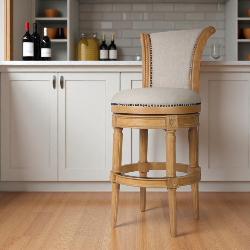 Chaise de bar pivotante de 30 po en tissu naturel et beige et en bois massif