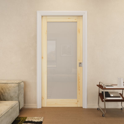 36" x 80" Pine Wood & Frosted Glass Pocket Door with Silver Lock, Natural Pine Wood, Privacy & Safety Tempered Glass Door Slab, Paintable & Waterproof, Suit for Closet, Pantry Doors, Bedroom Doors
