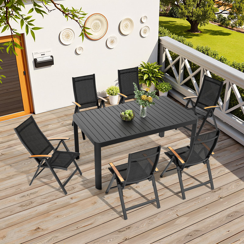 6-Person  Extendable Aluminum Patio Dining Set with Folding Reclining Armchairs,  63.78’‘ in W X 27.56'' in D