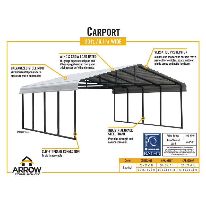 Galvanized Steel Carport, 20X20X7, Eggshell