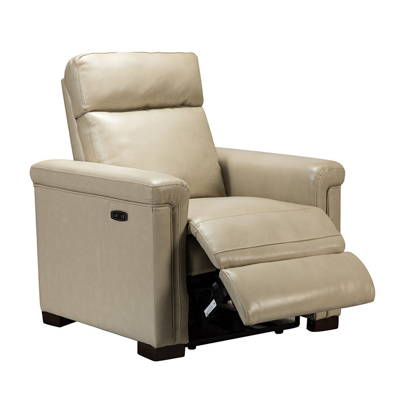 Fauteuil inclinable électrique en cuir véritable avec pieds en bois massif 36,02 po Adela, Cuir véritable beige