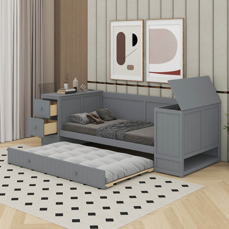 Twin Daybed With Trundle And Charging Station, Gray