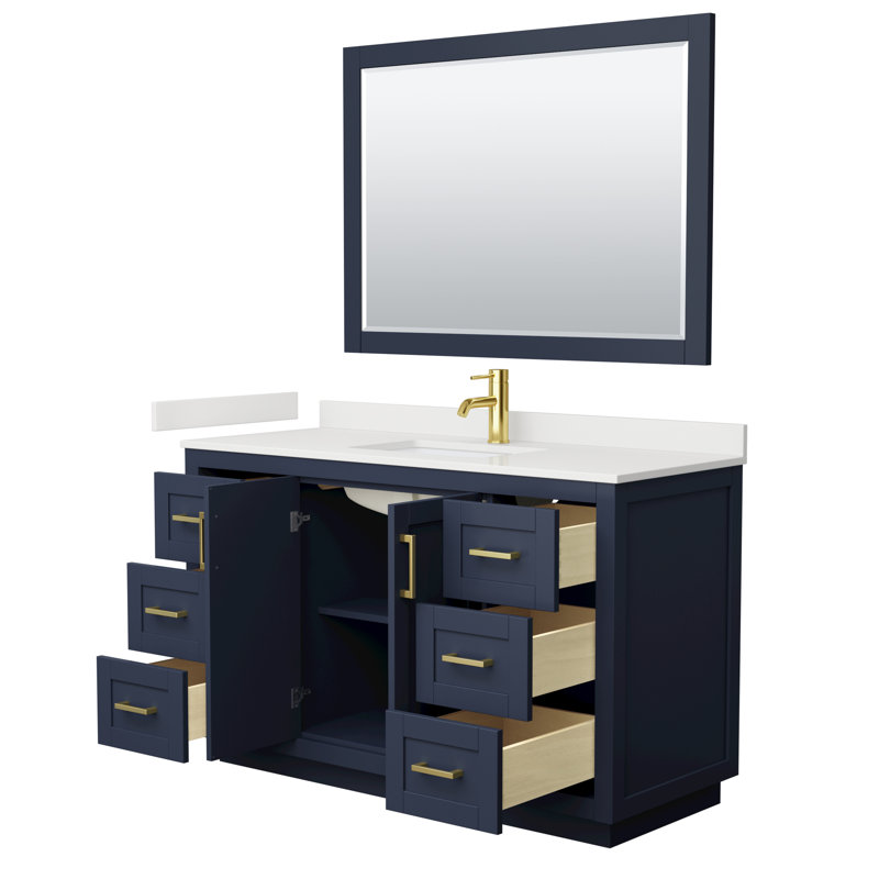 Ensemble de meuble-lavabo simple autoportant 54 po avec plateau en quartz Miranda, Quartz blanc, Bleu foncé, Or brossé